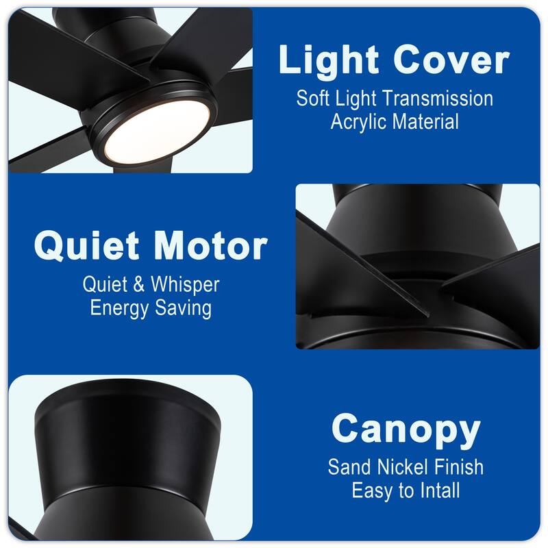 52 Inch Low Profile Ceiling Fans with Remote, Flush Mount LED Ceiling Fan Lighting with 5 Reversible Blades