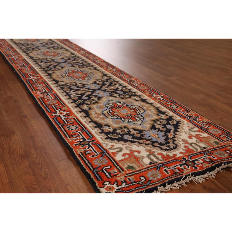 Dark Navy Blue Heriz Serapi Indian Runner Rug Hand-Knotted Wool Carpet - 2'6" x 9'11" - Blue - 2'6" x 9'11"