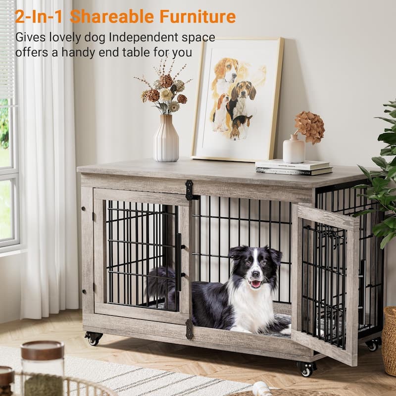 Dog Crate Indoor Heavy Duty Double Doors Wooden Dog Cage with Cushion