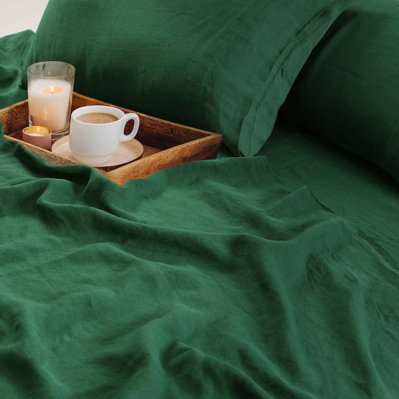 European Garment Washed Linen Extra Deep Pocket Bed Sheet Set - Queen - Jade Green