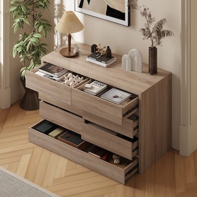 Wood Grain 7-Drawer Dresser with Hidden Compartments and Kick-to-Open Bottom Drawer