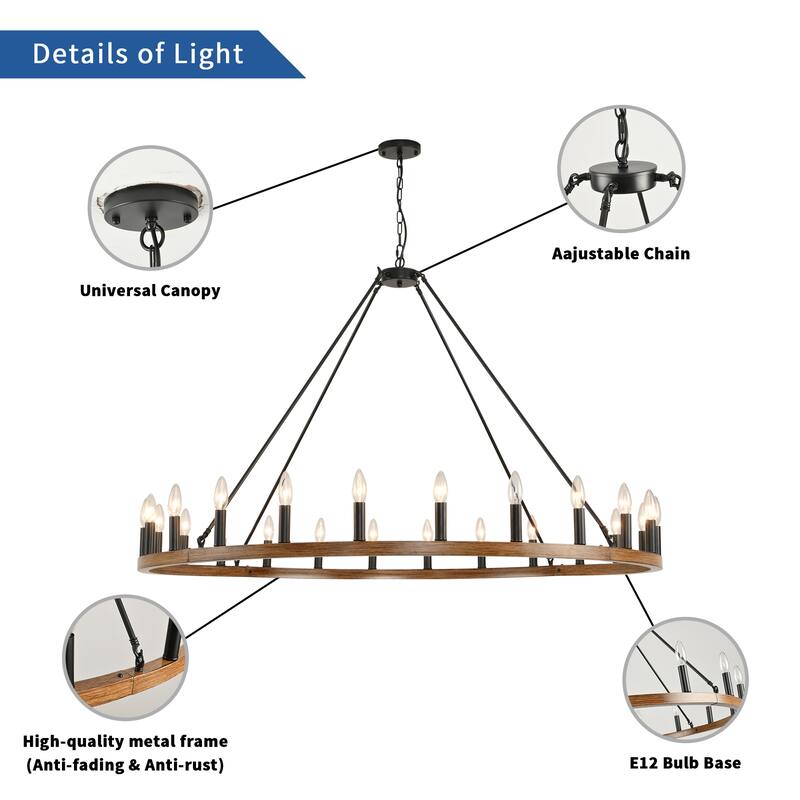 24-Light Farmhouse Wagon Wheel Chandelier - 53''