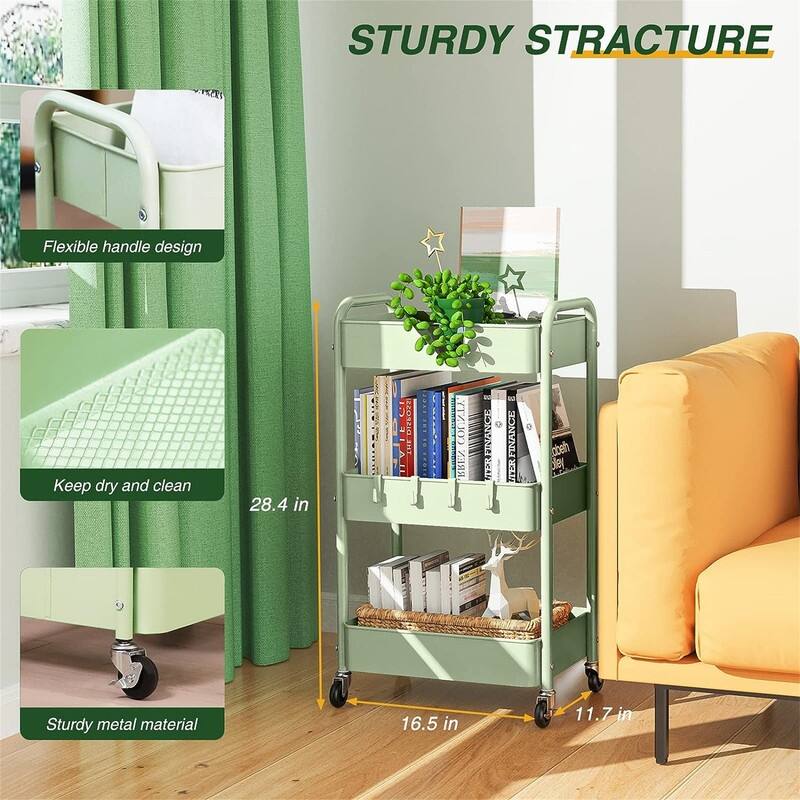 3 Tier Rolling Storage Cart Metal Trolley Utility Cart with Wheels - 15.7"D x 7.1"W x 35.9"H