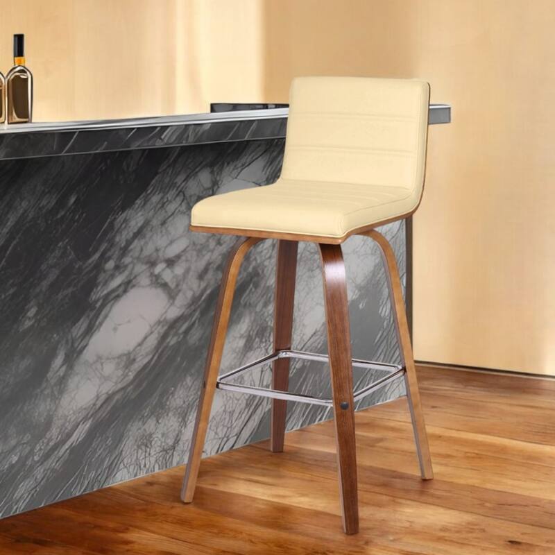 Modern Swivel Bar Stool with Low Backrest and Footrest Upholstered Walnut Finish Solid Wood Frame