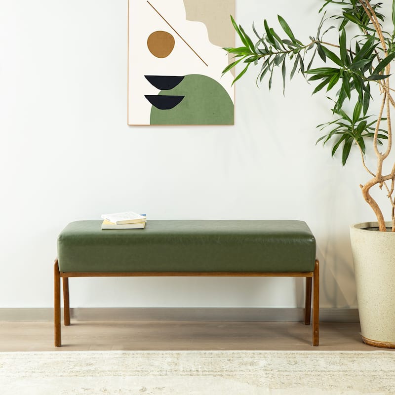 Glitzhome 42.25"W Modern Leatherette Bench with Walnut Rubberwood Legs