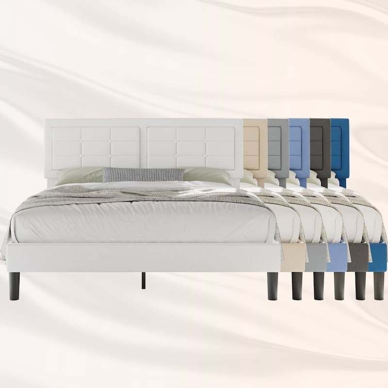 VECELO Bed Frame with Adjustable Headboard Upholstered Button Tufted Platform Bedframe with Wood Slats Support