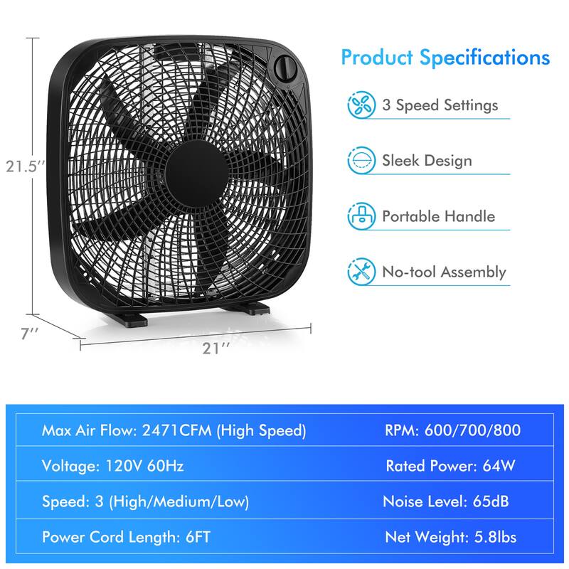 20'' Box Fan - 21'' x 7'' x 21.5''