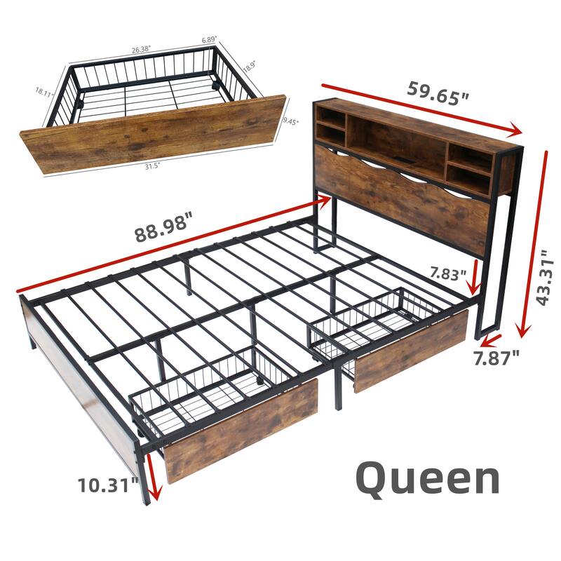 Full / Queen Size Rustic Storage Bed Frame with Bookcase Headboard with Power Outlets, 2 Under-Bed Storage Drawers Included🏕️
