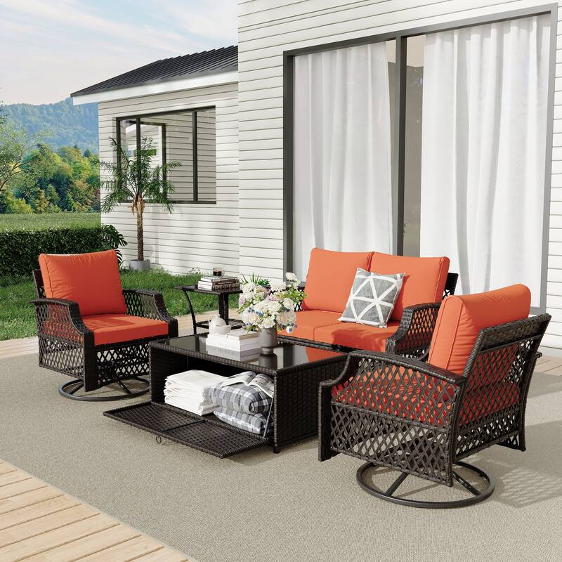 Outdoor Wicker Patio Set w Swivel Chairs & Sofa, Ottomans and Tables, Modular 3/5/6/7-Piece, All-Weather Conversation Set.