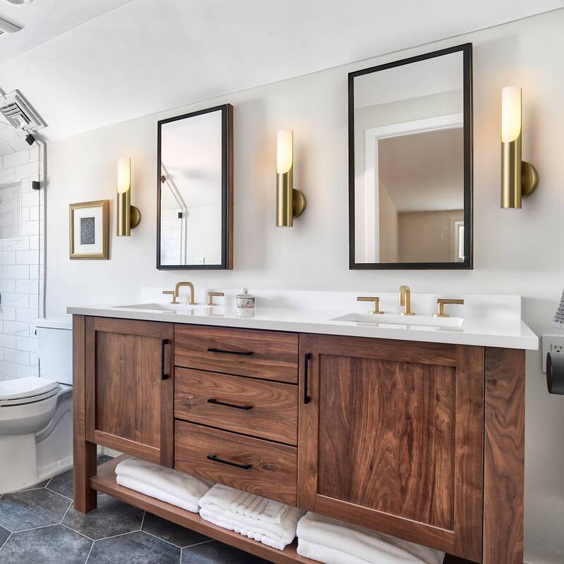 Modern 1-Light Brass Wall Sconce with Opal Glass Shade - 4.7" W x 4.3" D x 15" H