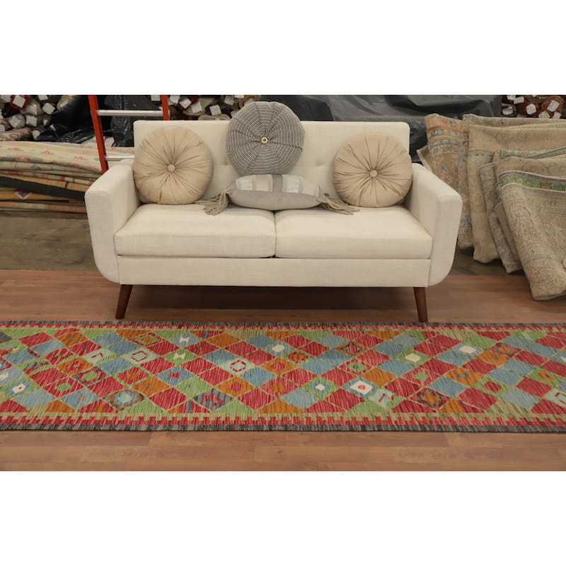 Hand Woven Oriental 100% Wool Carpet Southwestern Tribal Multi-Colored Kilim Runner Rug - 10' 0'' X 2' 9''