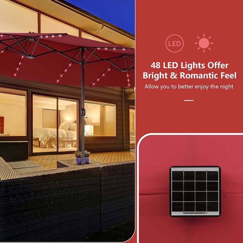 Costway 15FT Twin Patio Double-Sided Umbrella 48 Solar LED Lights - 15.4' x 9.2' x 8'
