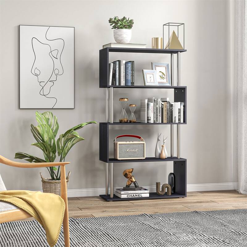 Modern S-Shaped 5 Tier Room Dividing Bookcase Wooden Stand Shelf