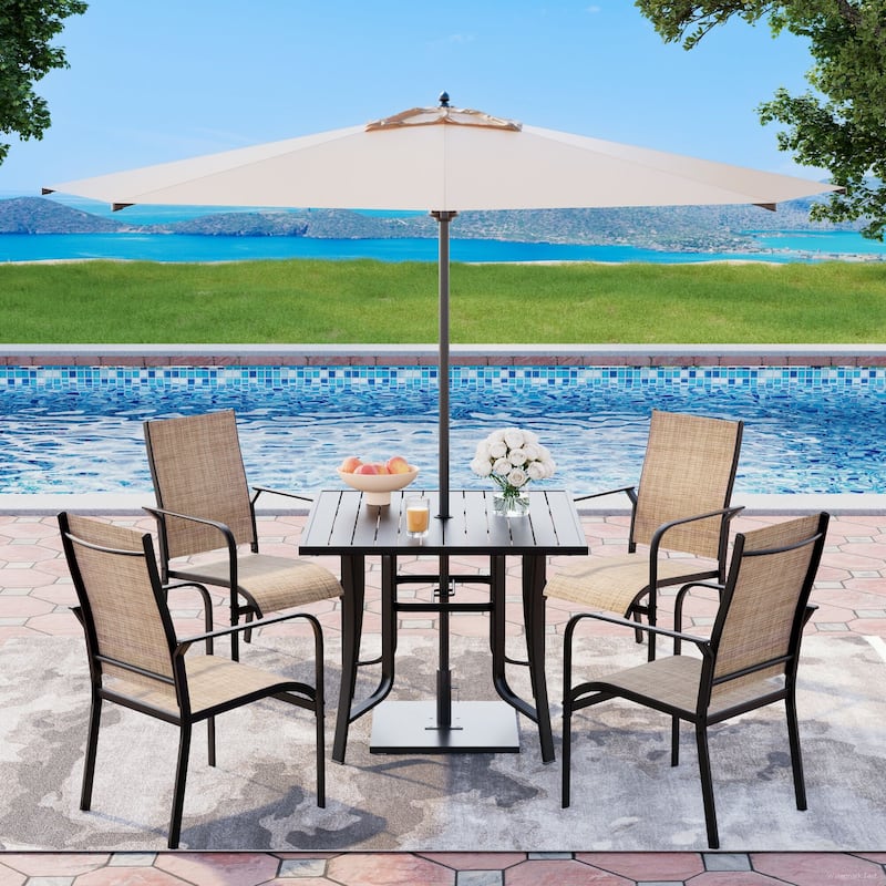 5/7/9-Piece Outdoor Patio Dining Set with Stackable Textilene Chairs and Slatted Table, Furniture with Adjustable Umbrella Hole - 5 Piece - Brown