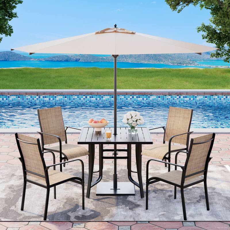 Patio Dining Set, Outdoor Dining Table and Chairs Set with Textilene Chairs, Adjustable Umbrella Hole for Garden, Backyard - 5 Piece - Brown