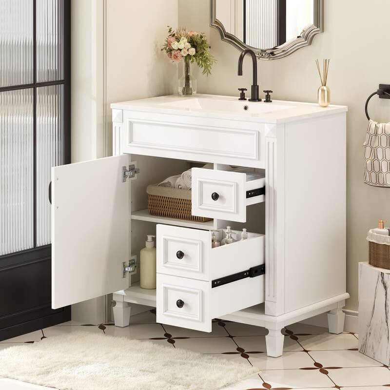 30" Modern Bathroom Vanity with Ceramic Sink - Small Space Cabinet with 2 Soft-Close Drawers & Adjustable Shelf