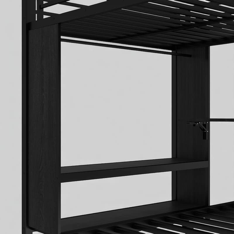 Metal Twin/Full/Queen Over Twin Bunk Bed with Trundle, Built-in Wardrobe, Foldable Desk, and Ladder, Black