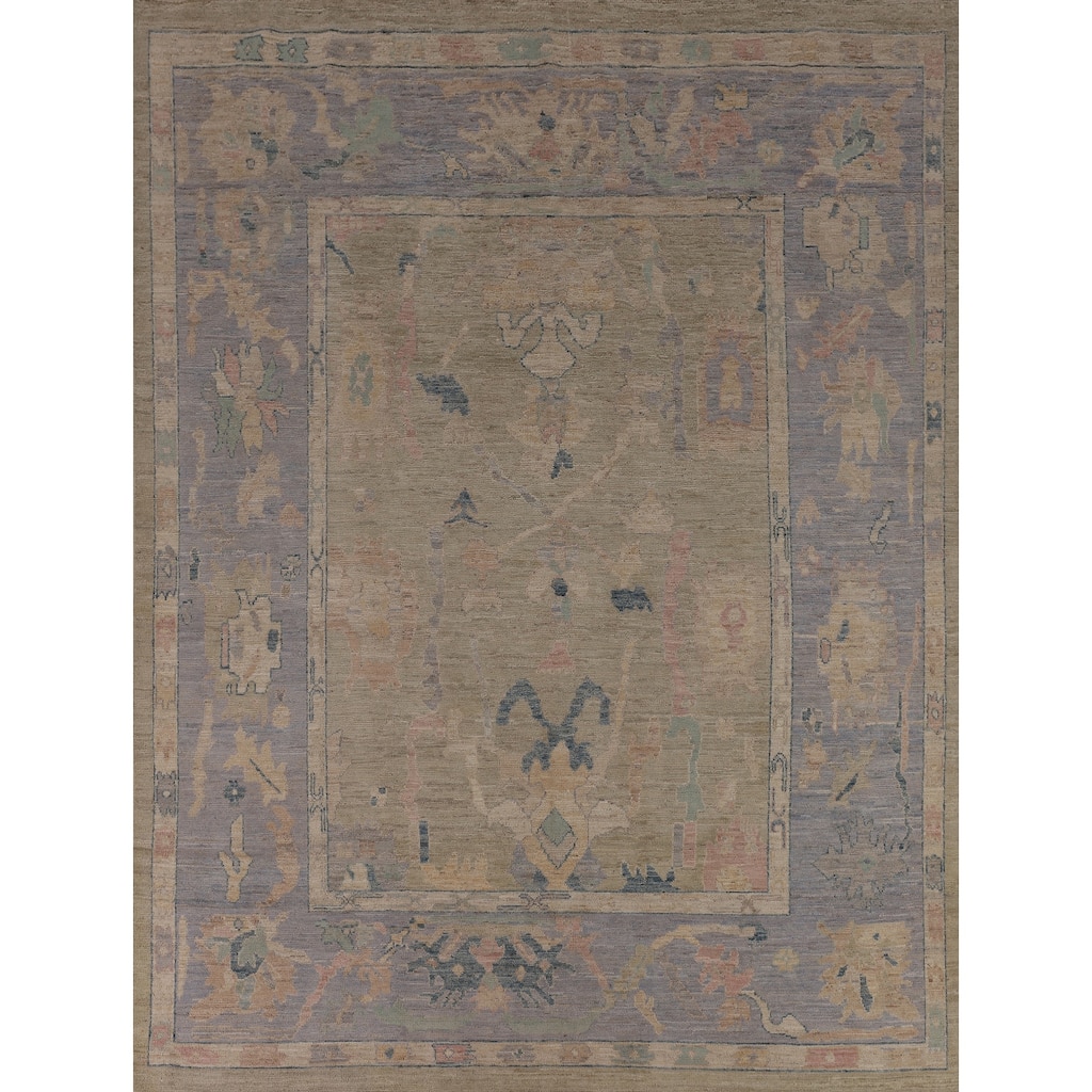 Vegetable Dye Oushak Turkish Area Rug Hand-Knotted Green Wool Carpet - 7'9"x 9'6"