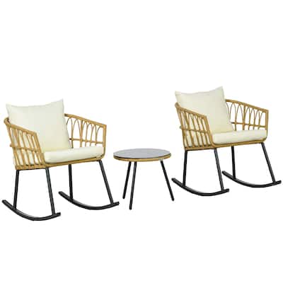 Brown Cream Outdoor Rocking Bistro Chair Set with PE Rattan and Glass Table - 24.75" W x 31" D x 29.25" H