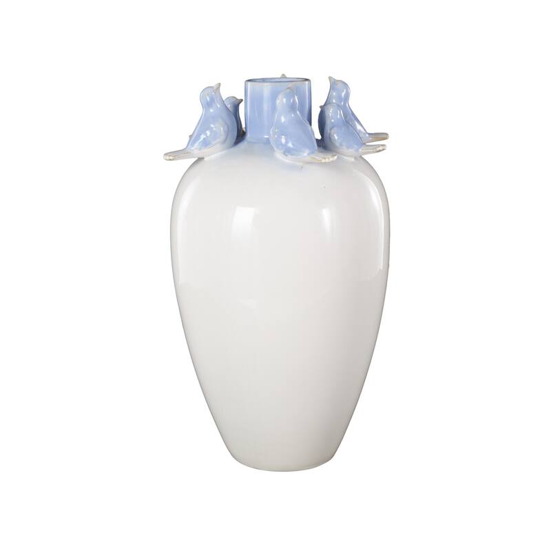 White Ceramic Bird Decorative Vase with Blue Accents