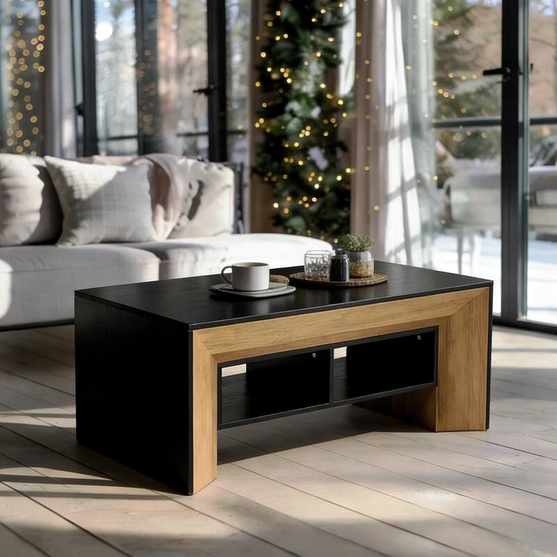 Coffee Table with 2-Tier Storage, Rectangular Wood Center Table for Home Living Room