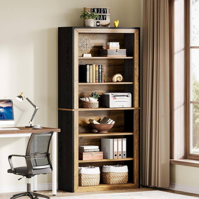 6-Tier Bookcase Tall Open Display Shelves Wood Storage Bookshelf for Living Room Office Bedroom