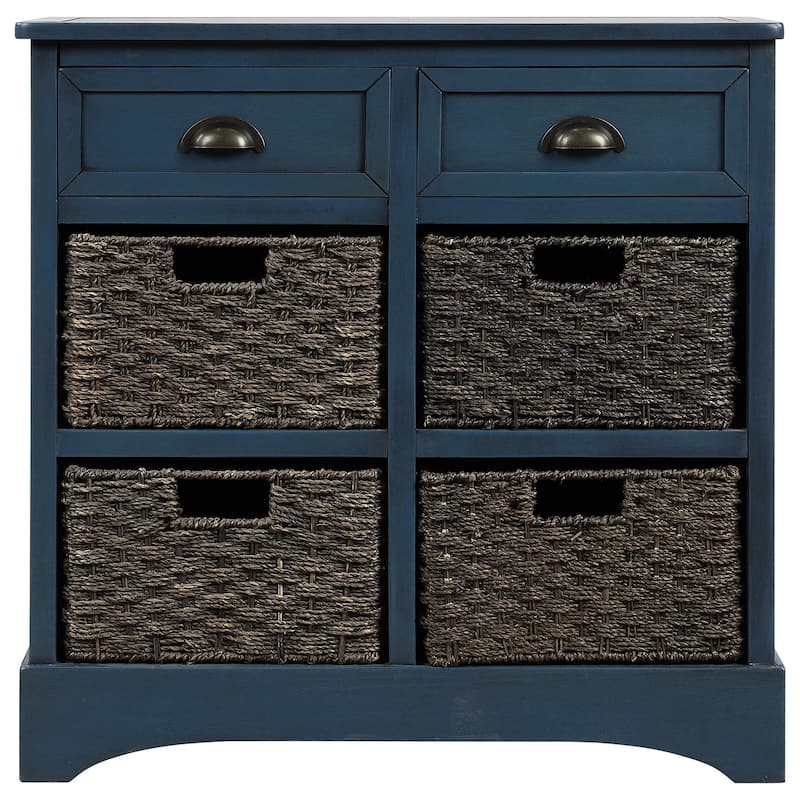 Rustic Acacia Wood Storage Cabinet with Wicker Baskets for Living Room or Entryway Organization