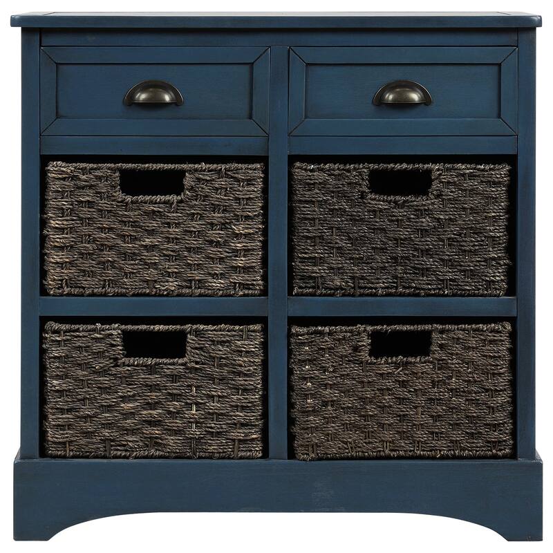 Rustic Storage Cabinet with 2 Drawers and 4 Classic Rattan Basket - 28"L×11.8"W×28"H