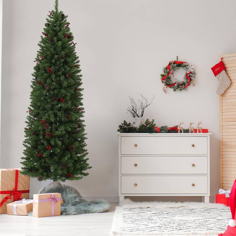 6 FT Pre-Lit Pencil Christmas Tree, Artificial Christmas Tree with 200 Multicolor Led Lights, 8 Lighting Modes