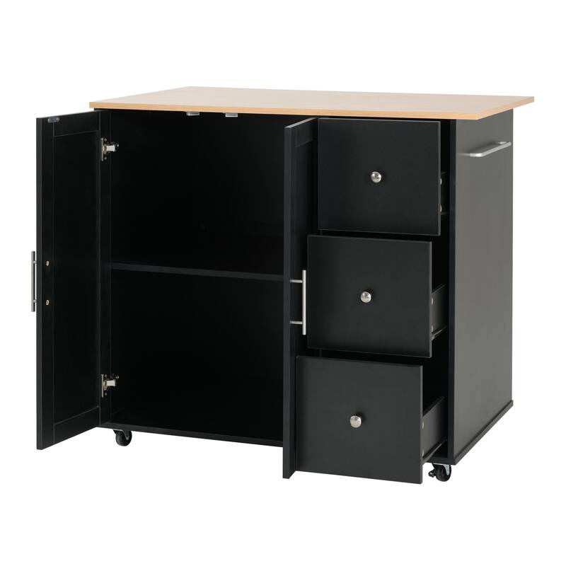 Anmytek Black Rolling Kitchen Cart, 39.76" Mobile Island with Storage, 2 Doors, 3 Drawers and Adjustable Shelf