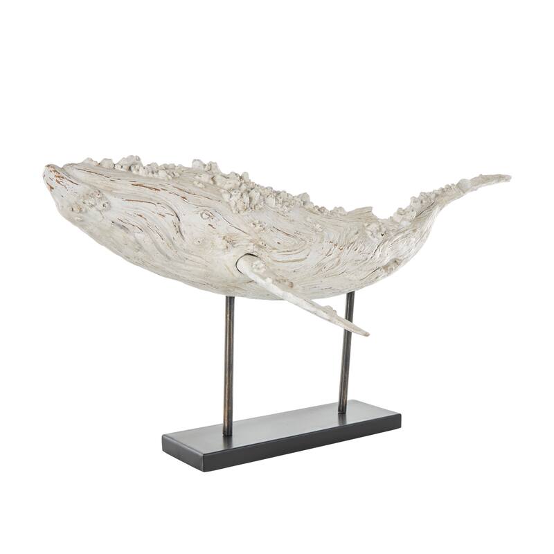 Cream Polystone Textured Whale Decorative Sculpture with Brown Distressing and Black Metal Stand