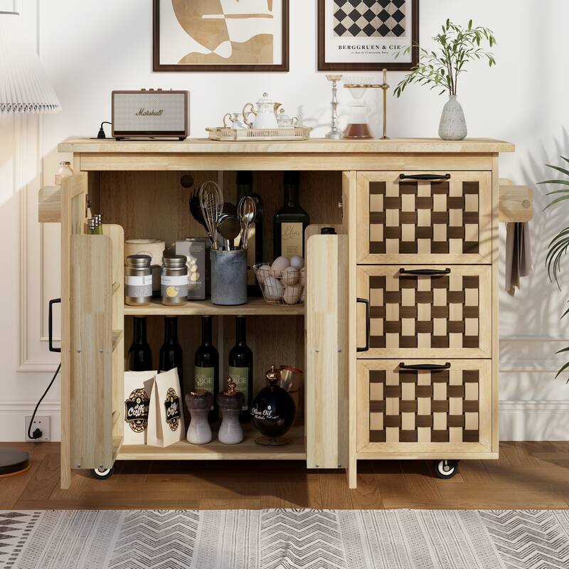 Farmhouse Kitchen Island with Drop Leaf, Storage, Drawers, Adjustable Shelves, Spice Rack & USB Charging Ports