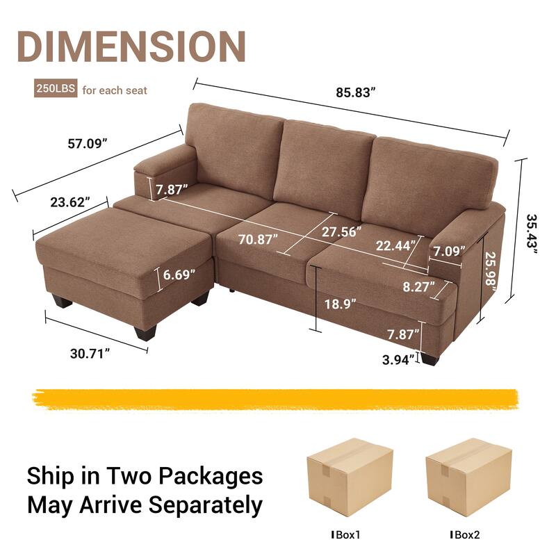 86" L-Shaped Sectional Sofa with Armrest Storage, Movable Ottoman, Thick Cushions, Linen Upholstery for Living Room