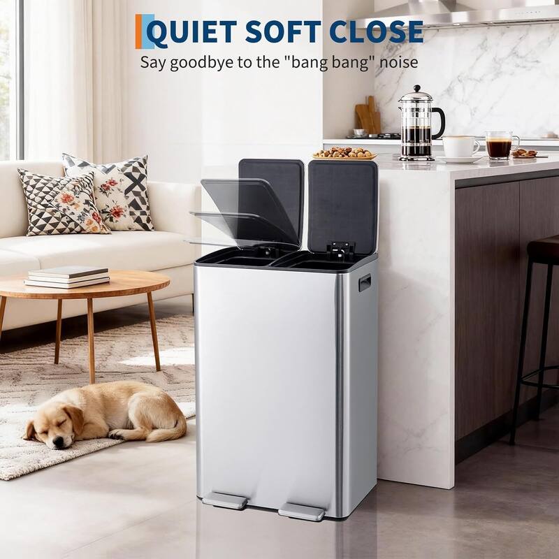 2 x 8 Gallon Dual Compartment Kitchen Trash Can, Garbage Can with Lid