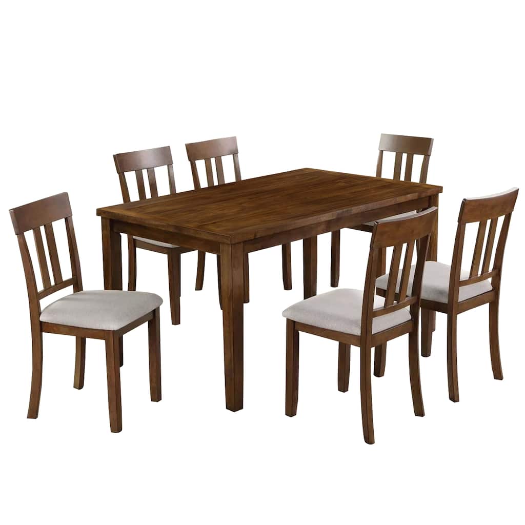 Fordy 7pc Dining Table Set with 6 Beige Fabric Chairs, Walnut Wood