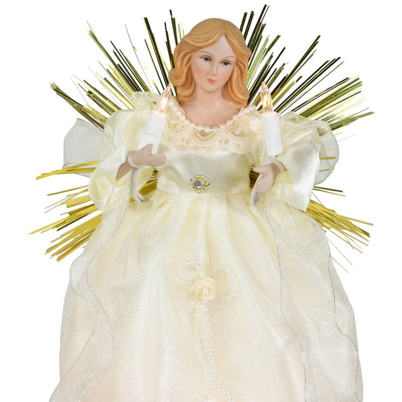 Angel with Candle Lighted Christmas Tree Topper - 10.5” - Gold - Clear Lights