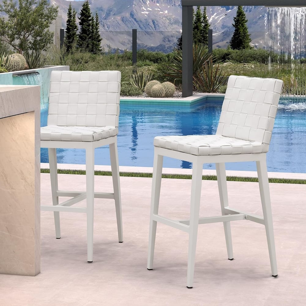 PURPLE LEAF Outdoor Counter Height Bar Stools Set of 2, PU Leather Patio Bar Set with Aluminum Frame