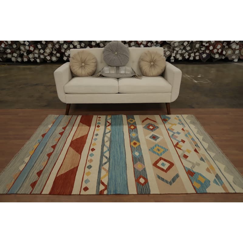Hand Woven Oriental 100% Wool Carpet Southwestern Tribal Multi-Colored Kilim Area Rug - 6' 7'' X 4' 9''