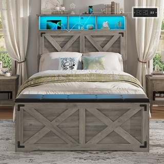Twin Size Farmhouse Bed Frame with Storage Headboard, Charging Station ...
