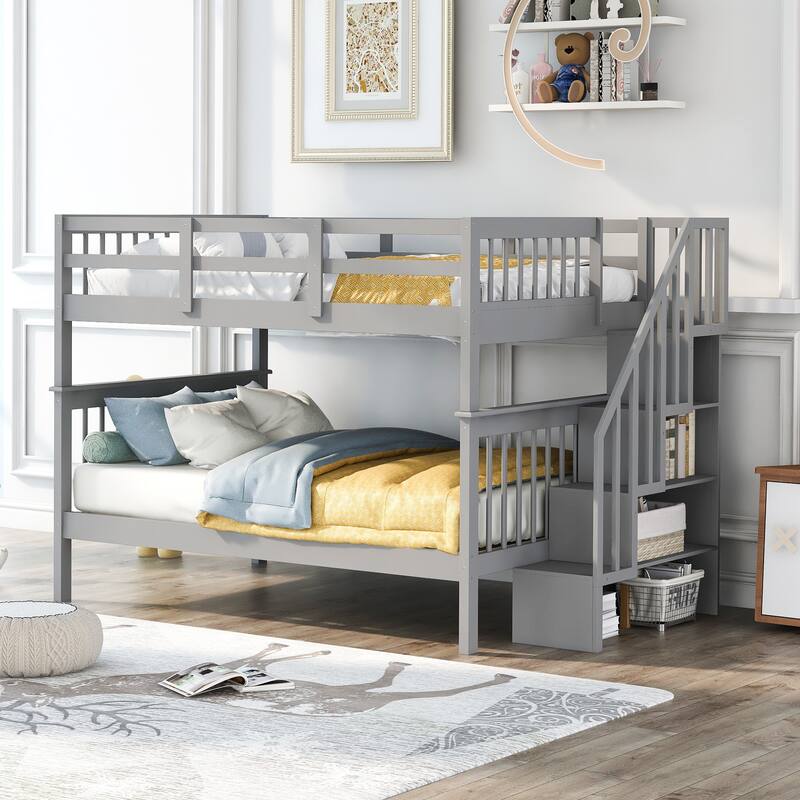 Full Over Full Bunk Bed with Safe Staircase, Storage and Guard Rail - Gray