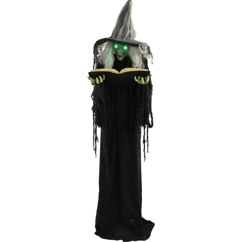 Haunted Hill Farm Life-Size Poseable Witch with Spell Book, Lights and Sound, Indoor/Covered Outdoor Halloween Decoration