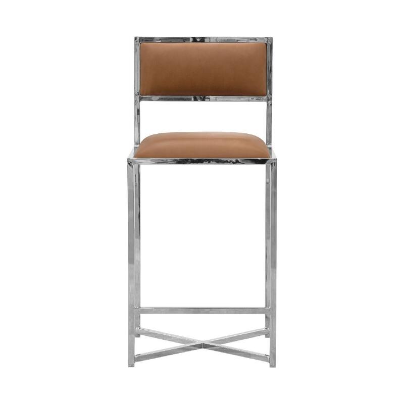 Eun 26 Inch Faux Leather Counter Stool, Chrome Base, Set of 2, Brown