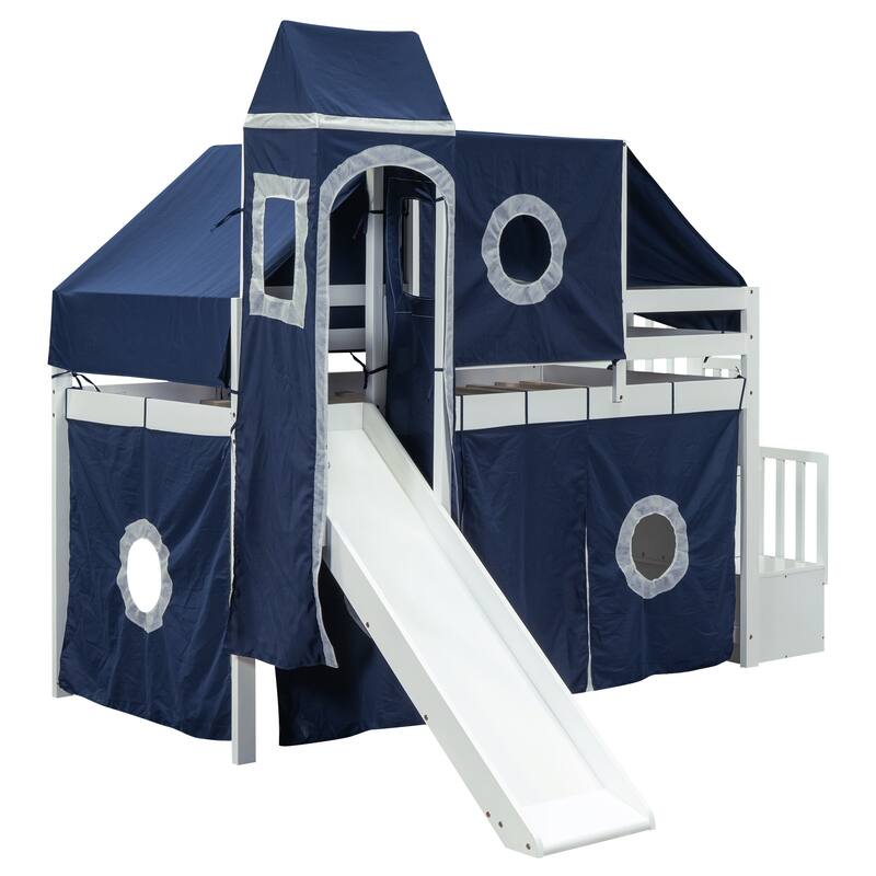 Castle style Loft Bed with Storage Staircase and Slide