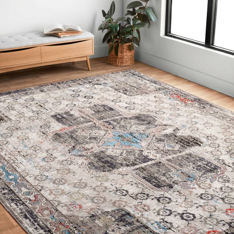 Alexander Home Athens Boho Distressed Diamond Medallion Area Rug - 9'3" x 13'3" - Natural/Stone - Rectangle