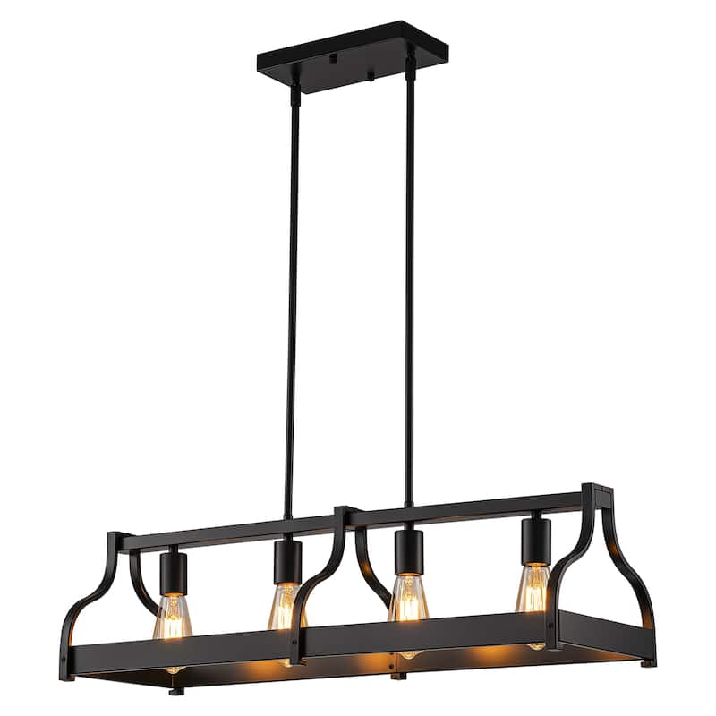 Starsky 4-Light Modern Farmhouse Black Chandelier Wooden Linear Kitchen Island Light
