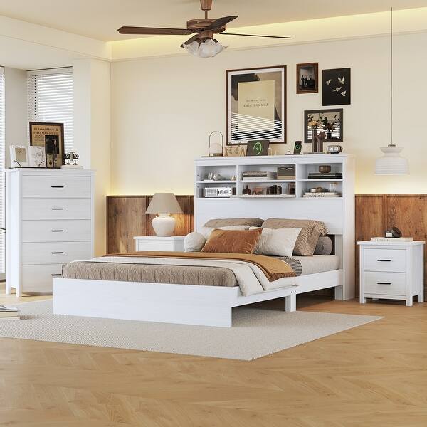 4-Pieces Bedroom Sets Vintage Bed Frame with 2 Nightstands and 1 Dresser