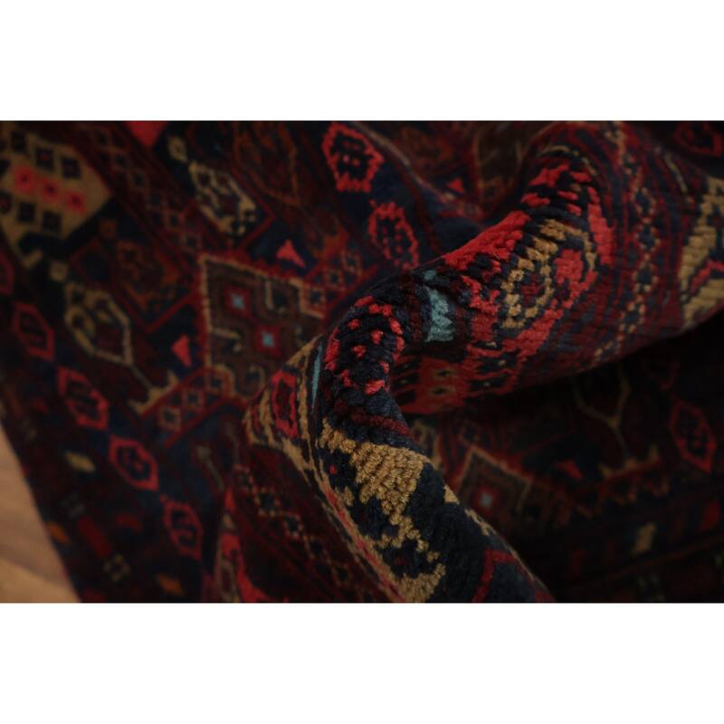 Hand Knotted Oriental 100% Wool Carpet Traditional Geometric Red Balouch Area Rug - 3' 7'' X 1' 10''