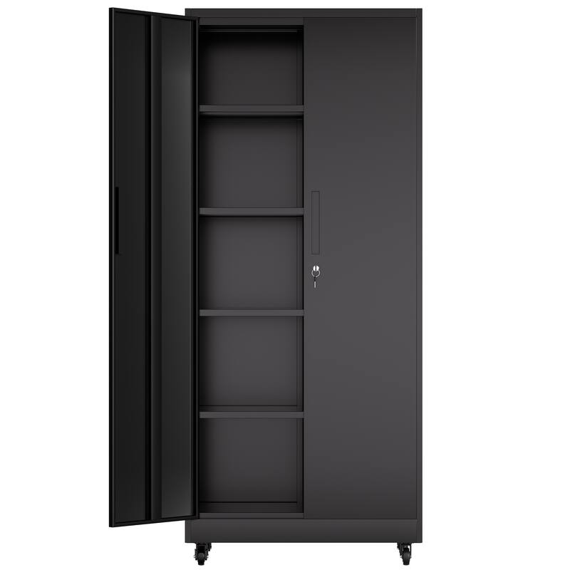 71"H Metal Garage Storage Cabinet with Wheels and Lock, 4 Adjustable Shelves (180lb Each), 3-Point Locking Security
