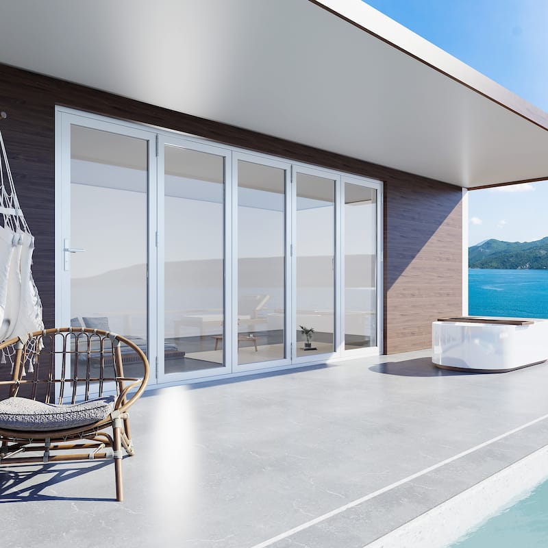 KaMic 168"×80" 5 Panels Aluminum Folding Door In White,Folded Out From Left To Right Model #:FD5PWH16880-LR