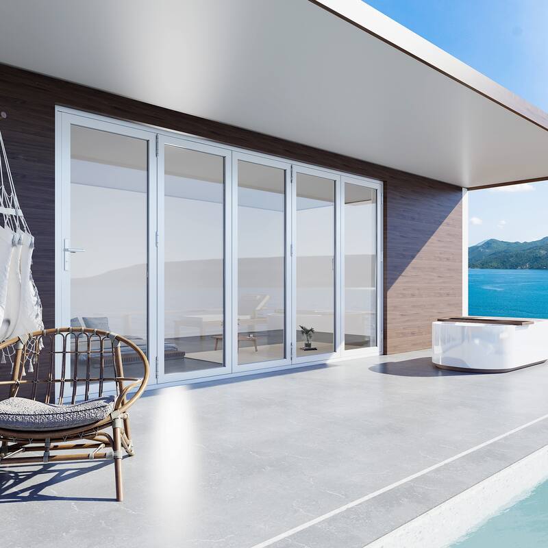 KaMic 168"×96" 5 Panels Aluminum Folding Door In White,Folded Out From Left To Right Model #:FD5PWH16896-LR